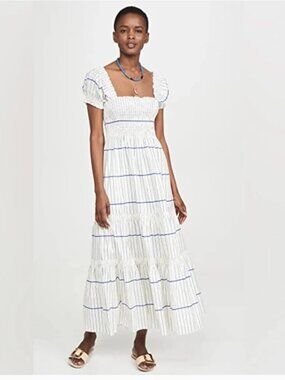 Tory Burch Striped Smocked Midi Maxi Dress Blue White Size S $448